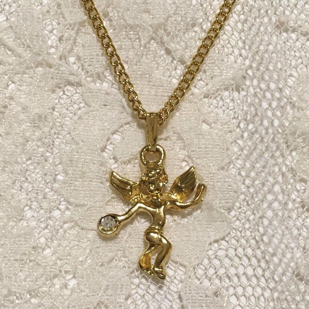 Vintage Angel Cherub Pendant Necklace Gold Tone holding Clear Rhinestone